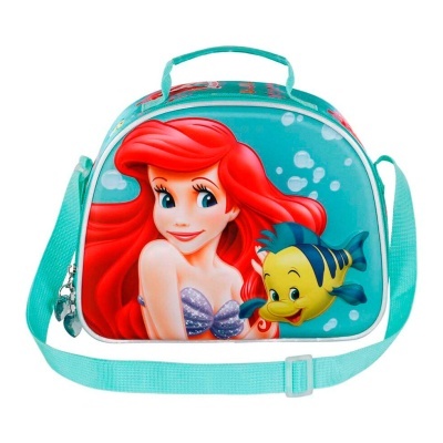 Mala infantil azul-turquesa com imagem da Ariel e Flounder