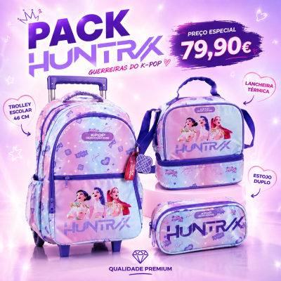 Pack escolar com trolley, lancheira térmica e estojo duplo lilás e azul com personagens femininas e texto HUNTR/X.