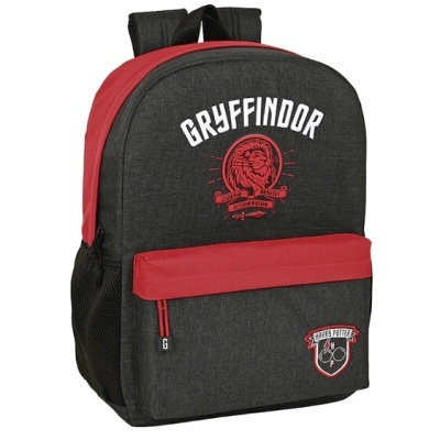 Mochila cinza escuro com detalhes vermelhos e tema Gryffindor Harry Potter