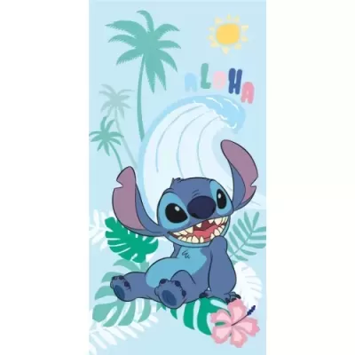 Toalha de praia azul com personagem Stitch e elementos tropicais