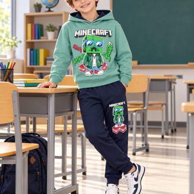 Menino com hoodie verde e calças azul com estampa do jogo MINECRAFT numa sala de aula