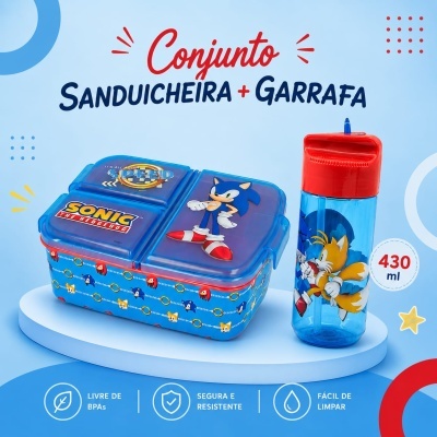Conjunto sanduicheira e garrafa Sonic The Hedgehog azul e vermelho