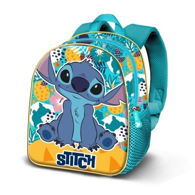 mochila azul com estampa do personagem Stitch e frutas coloridas