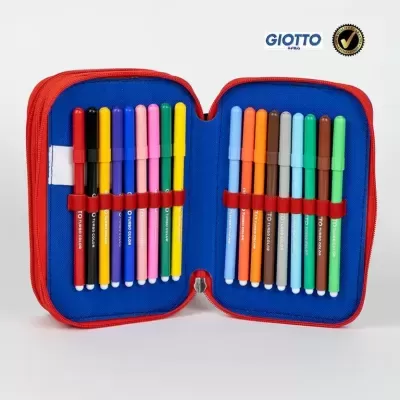 Estojo azul aberto com marcadores coloridos GIOTTO e bordas vermelhas