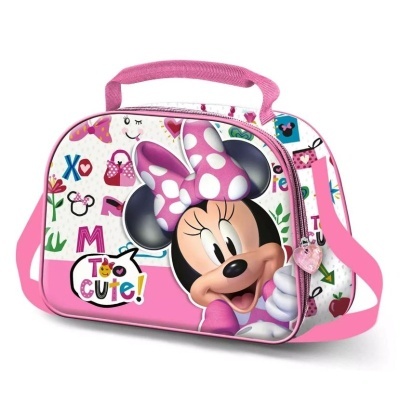 Mala infantil rosa com estampa da Minnie e texto TOO CUTE