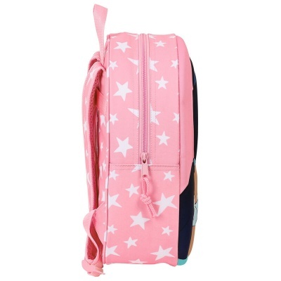 Mochila infantil rosa com estrelas brancas vista de perfil
