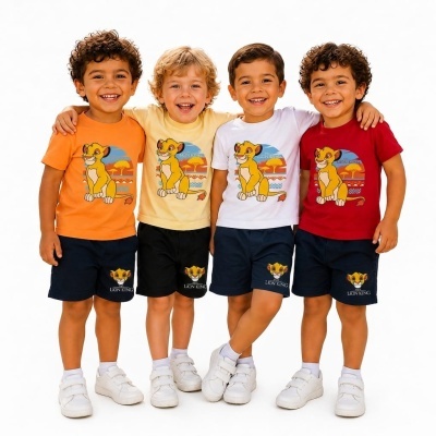 Quatro crianças sorridentes em roupa com estampas Lion King.