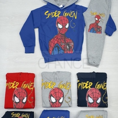 Conjunto infantil Spider-Gwen com várias hoodies e calças coloridas.