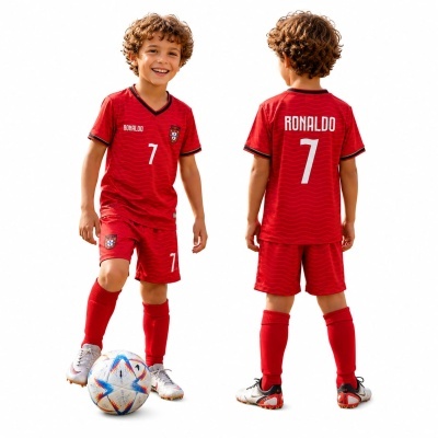 Conjunto de futebol infantil vermelho com nome RONALDO e número 7 em branco