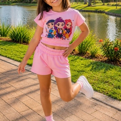 Menina com conjunto rosa de t-shirt e calções em parque junto a lago