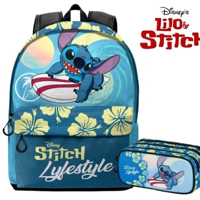 Mochila e estojo azul com personagem Stitch da Disney e flores amarelas