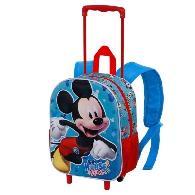 Mochila infantil azul com imagem do Mickey Mouse, haste e rodas vermelhas, alças azuis acolchoadas.