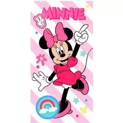Ilustração da personagem Minnie da Disney com vestido rosa, laço rosa e fundo rosa com desenho colorido.