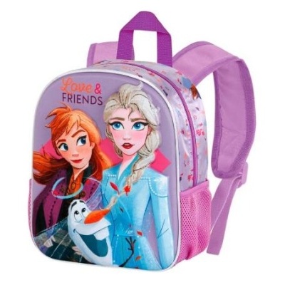 Mochila infantil rosa com estampa das personagens Ana, Elsa e Olaf de Frozen 2