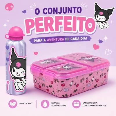 Conjunto garrafa de alumínio e sanduicheira rosa com personagens e padrões coloridos