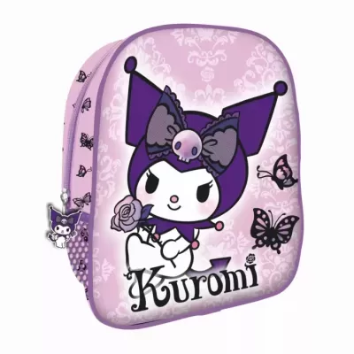 Mochila infantil Kuromi com design roxo e rosa e padrão de borboletas