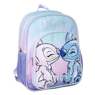 Mochila azul e lilás com imagem dos personagens Stitch e Angel e texto STITCH & ANGEL
