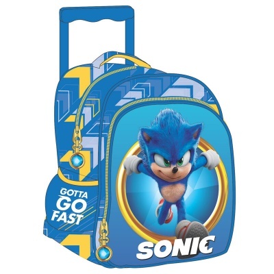 Mochila de carrinho azul com imagem do Sonic e texto Gotta Go Fast