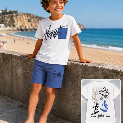 Menino com roupa de verão na praia, t-shirt branca com bolso azul e calções azuis.