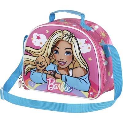 Bolsa infantil rosa com personagem Barbie e cãozinho