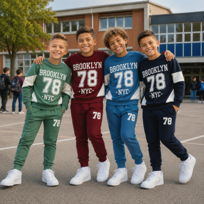 Rapazes com fatos de treino coloridos com o texto BROOKLYN 78 NYC e sapatilhas brancas, em recreio escolar.