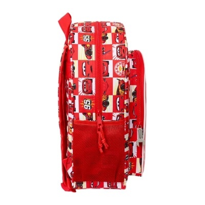 Mochila vermelha com padrão de carros animados e bolso lateral em rede