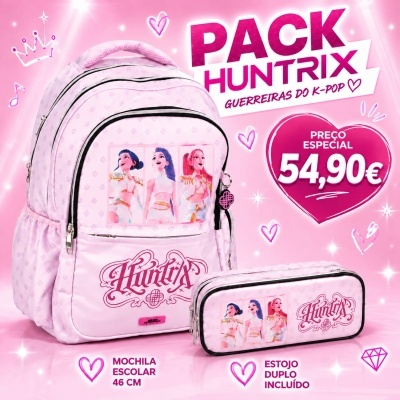 Mochila escolar rosa com padrão e personagens animados coloridos com estojo duplo incluído