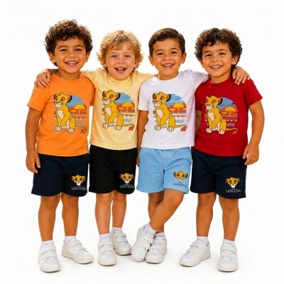 Quatro crianças vestindo conjuntos O REI LEÃO coloridos com Simba.