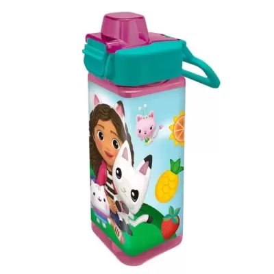 garrafa de água infantil cor-de-rosa e verde-azulada com desenhos de personagens e frutas