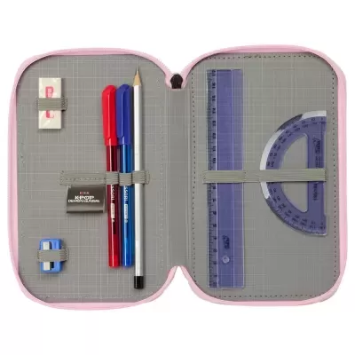 Estojo escolar cor-de-rosa aberto com material escolar organizado
