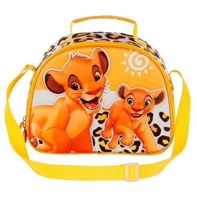 Bolsa infantil amarela com personagens Simba e Nala do Rei Leão e padrão animal print