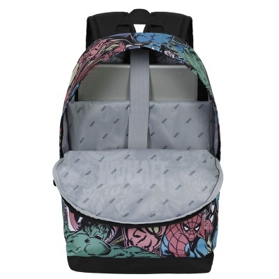 Mochila colorida de banda desenhada com interior cinzento e texto MARVEL