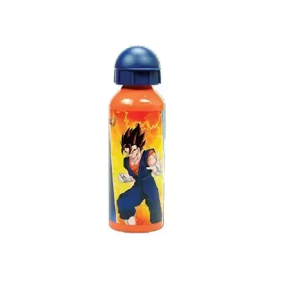 Garrafa de água laranja com tampa azul e personagem de anime