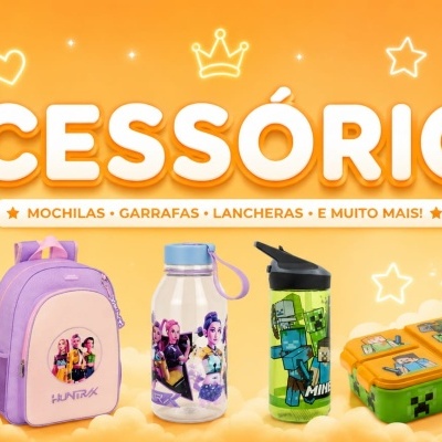 Produtos acessórios como mochilas, garrafas e lancheira colorida com personagens em fundo amarelo