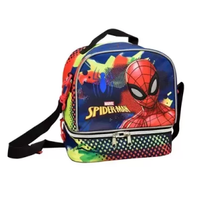 Mochila Spider-Man Marvel colorida com imagem do personagem e padrão de pontos