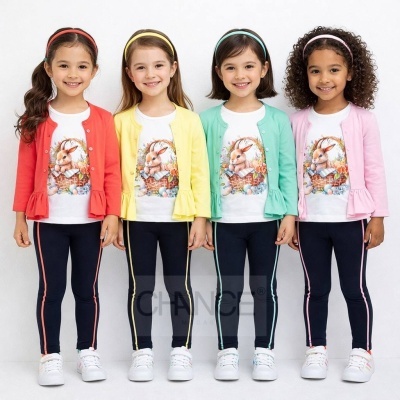 Quatro meninas com casacos coloridos, t-shirts com coelho, leggings azul escuro e ténis brancos