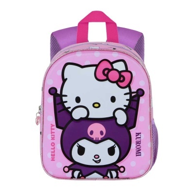 Mochila infantil rosa com personagens Hello Kitty e Kuromi
