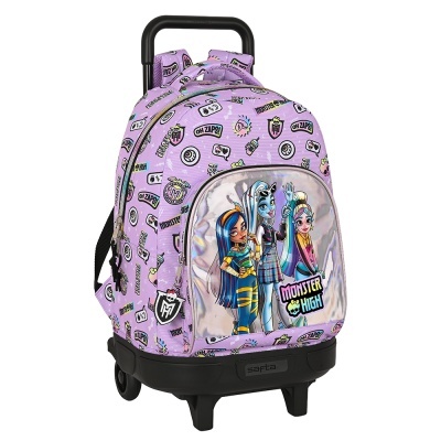 Mochila escolar lilás com rodas e personagens Monster High