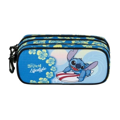 Estojo escolar azul com personagem Stitch e flores amarelas