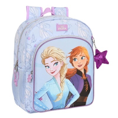 Mochila infantil azul e lilás com personagens de Frozen e chaveiro estrela