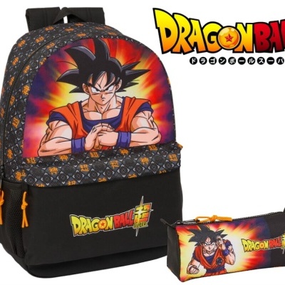 Mochila e estojo Dragon Ball com imagem do Goku e logótipo