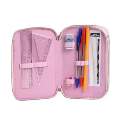Estojo escolar rosa com material de escrita organizado no interior