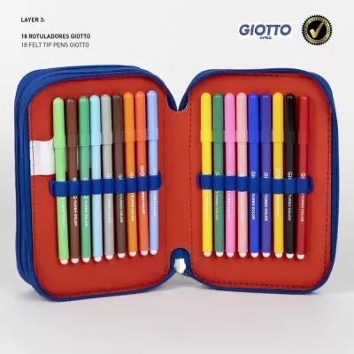 Estojo azul aberto com interior vermelho e 18 marcadores Giotto coloridos organizados