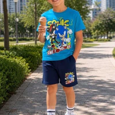 Menino de pé com camisola azul com estampado Sonic e calções azuis escuros em passeio exterior