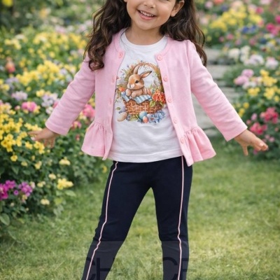 Criança sorridente com roupa colorida em jardim florido.