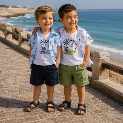 Dois meninos com roupa casual alegre junto ao mar, camisetas brancas com estampa, camisas abertas, bermudas coloridas e sandálias pretas