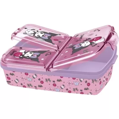 Caixa de plástico cor-de-rosa com tampa ilustrada com personagens e padrão colorido