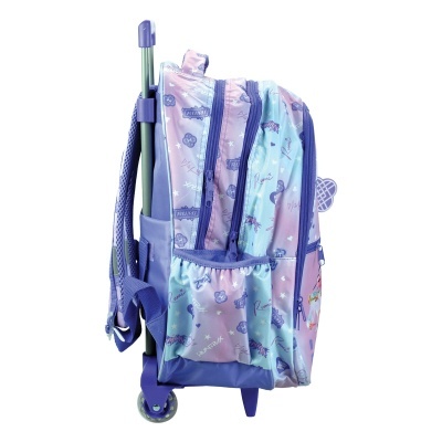 Mochila de rodas colorida em azul e rosa com zíperes roxos e alças acolchoadas