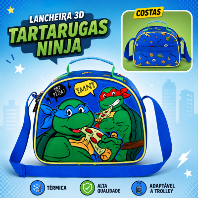 Lancheira 3D Tartarugas Ninja com alça azul e decoração colorida