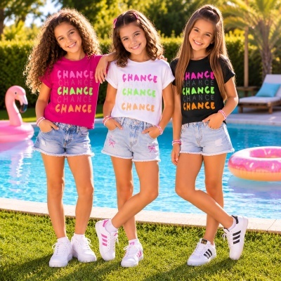 Três meninas com t-shirts coloridas e calções de ganga junto a piscina com insufláveis.